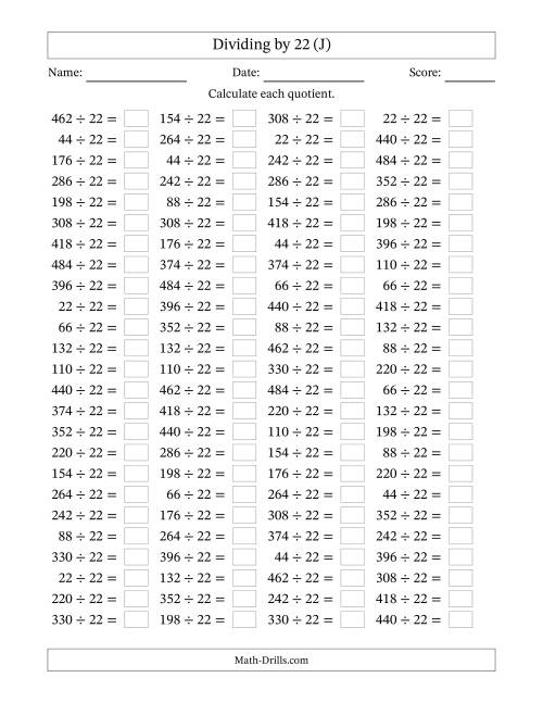 The Horizontally Arranged Dividing by 22 with Quotients 1 to 22 (100 Questions) (J) Math Worksheet