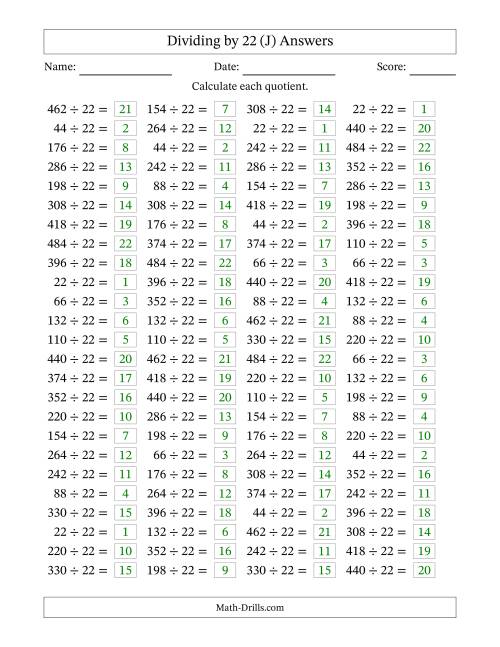The Horizontally Arranged Dividing by 22 with Quotients 1 to 22 (100 Questions) (J) Math Worksheet Page 2