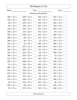 Horizontally Arranged Dividing by 23 with Quotients 1 to 23 (100 Questions)