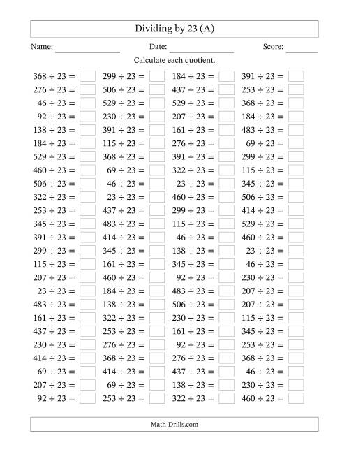 The Horizontally Arranged Dividing by 23 with Quotients 1 to 23 (100 Questions) (A) Math Worksheet