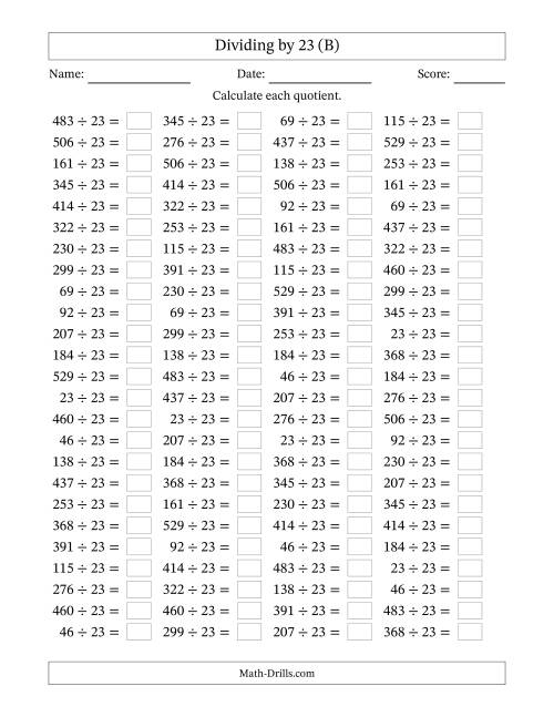 The Horizontally Arranged Dividing by 23 with Quotients 1 to 23 (100 Questions) (B) Math Worksheet