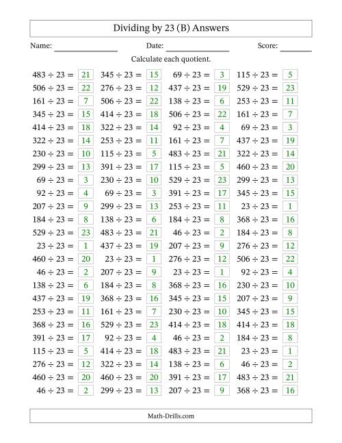 The Horizontally Arranged Dividing by 23 with Quotients 1 to 23 (100 Questions) (B) Math Worksheet Page 2