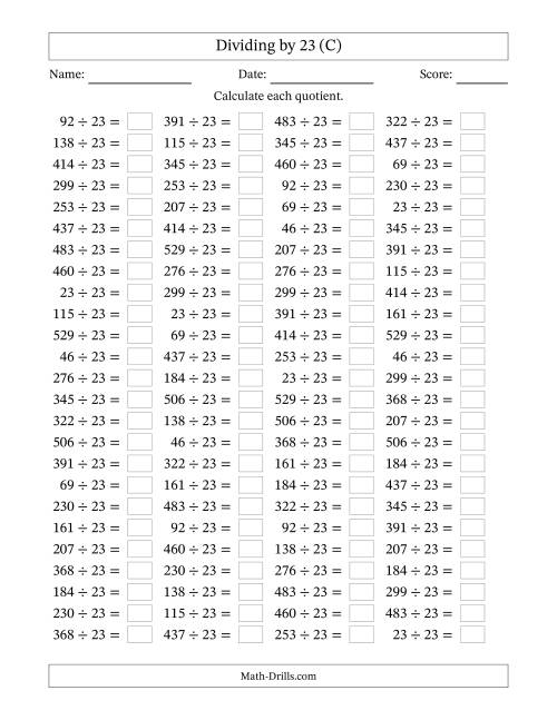 The Horizontally Arranged Dividing by 23 with Quotients 1 to 23 (100 Questions) (C) Math Worksheet