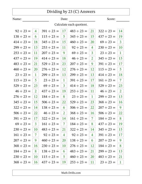 The Horizontally Arranged Dividing by 23 with Quotients 1 to 23 (100 Questions) (C) Math Worksheet Page 2