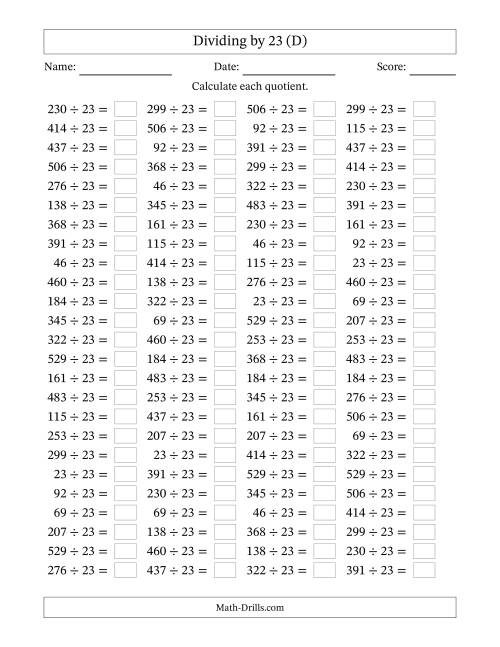 The Horizontally Arranged Dividing by 23 with Quotients 1 to 23 (100 Questions) (D) Math Worksheet