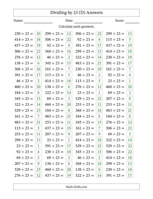 The Horizontally Arranged Dividing by 23 with Quotients 1 to 23 (100 Questions) (D) Math Worksheet Page 2