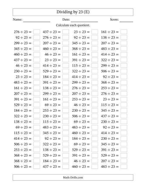 The Horizontally Arranged Dividing by 23 with Quotients 1 to 23 (100 Questions) (E) Math Worksheet