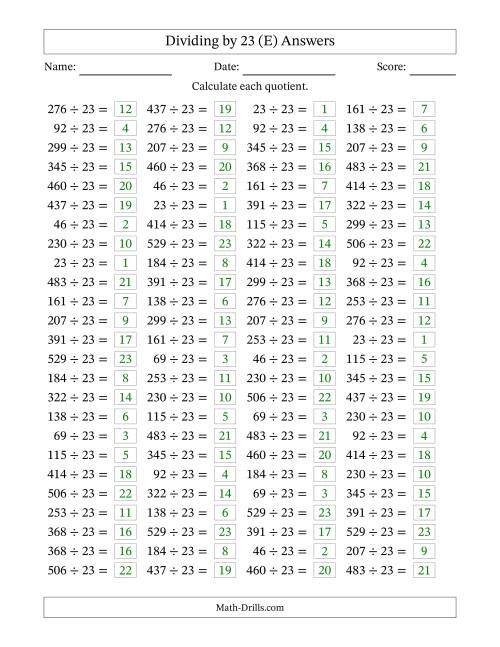 The Horizontally Arranged Dividing by 23 with Quotients 1 to 23 (100 Questions) (E) Math Worksheet Page 2