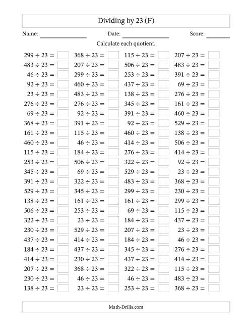 The Horizontally Arranged Dividing by 23 with Quotients 1 to 23 (100 Questions) (F) Math Worksheet