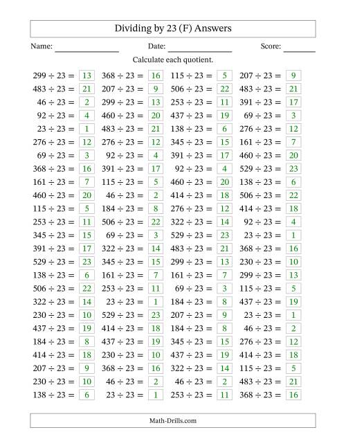 The Horizontally Arranged Dividing by 23 with Quotients 1 to 23 (100 Questions) (F) Math Worksheet Page 2