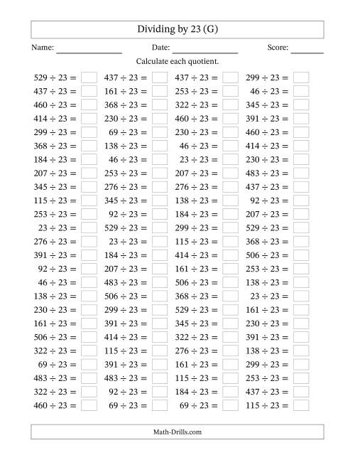 The Horizontally Arranged Dividing by 23 with Quotients 1 to 23 (100 Questions) (G) Math Worksheet