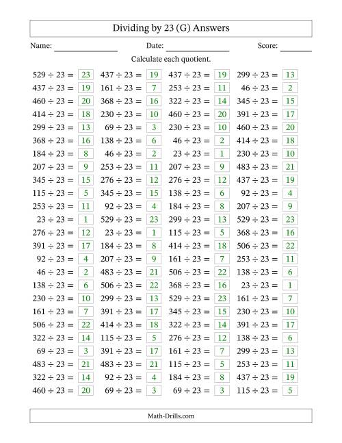 The Horizontally Arranged Dividing by 23 with Quotients 1 to 23 (100 Questions) (G) Math Worksheet Page 2