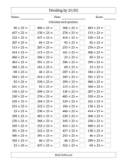 The Horizontally Arranged Dividing by 23 with Quotients 1 to 23 (100 Questions) (H) Math Worksheet