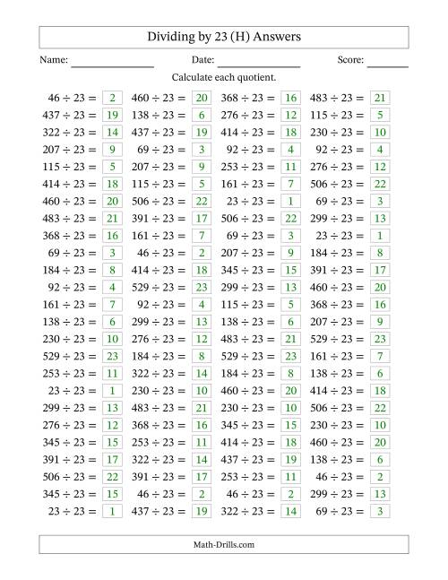 The Horizontally Arranged Dividing by 23 with Quotients 1 to 23 (100 Questions) (H) Math Worksheet Page 2