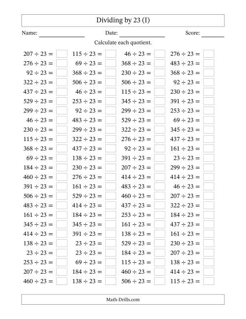 The Horizontally Arranged Dividing by 23 with Quotients 1 to 23 (100 Questions) (I) Math Worksheet