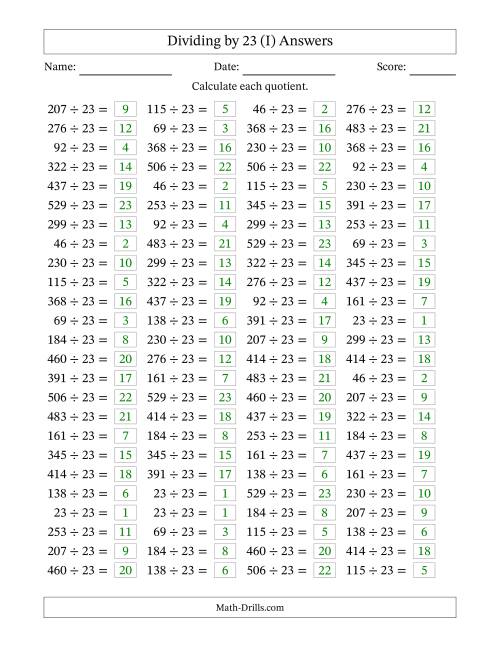 The Horizontally Arranged Dividing by 23 with Quotients 1 to 23 (100 Questions) (I) Math Worksheet Page 2
