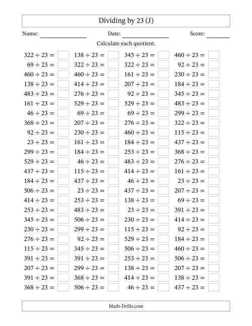 The Horizontally Arranged Dividing by 23 with Quotients 1 to 23 (100 Questions) (J) Math Worksheet