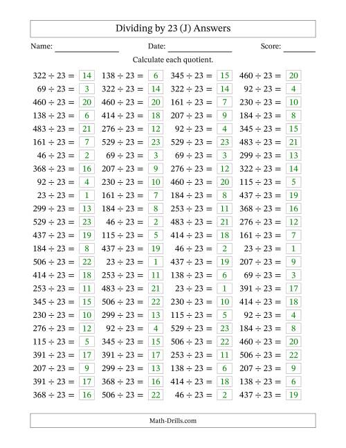 The Horizontally Arranged Dividing by 23 with Quotients 1 to 23 (100 Questions) (J) Math Worksheet Page 2