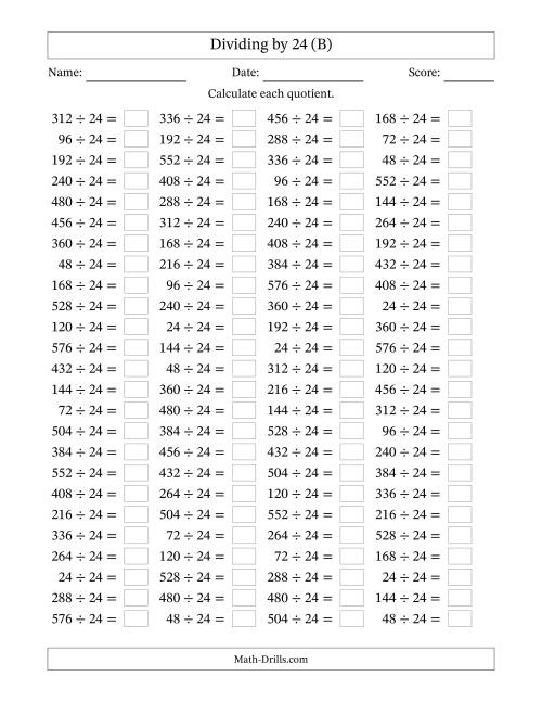 The Horizontally Arranged Dividing by 24 with Quotients 1 to 24 (100 Questions) (B) Math Worksheet