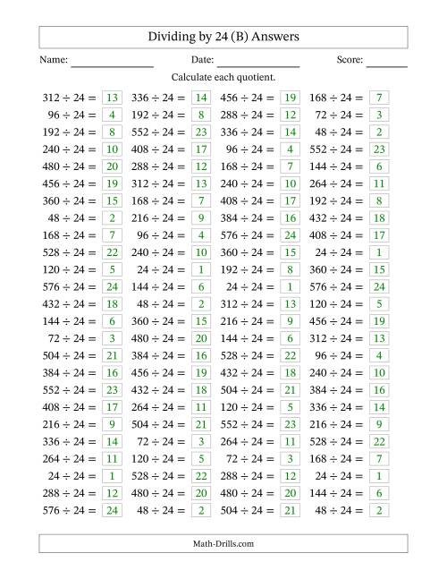 The Horizontally Arranged Dividing by 24 with Quotients 1 to 24 (100 Questions) (B) Math Worksheet Page 2