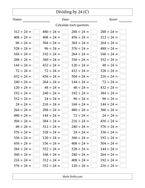 The Horizontally Arranged Dividing by 24 with Quotients 1 to 24 (100 Questions) (C) Math Worksheet