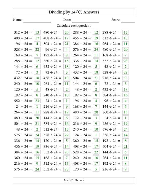 The Horizontally Arranged Dividing by 24 with Quotients 1 to 24 (100 Questions) (C) Math Worksheet Page 2