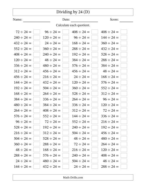 The Horizontally Arranged Dividing by 24 with Quotients 1 to 24 (100 Questions) (D) Math Worksheet
