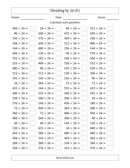 The Horizontally Arranged Dividing by 24 with Quotients 1 to 24 (100 Questions) (E) Math Worksheet
