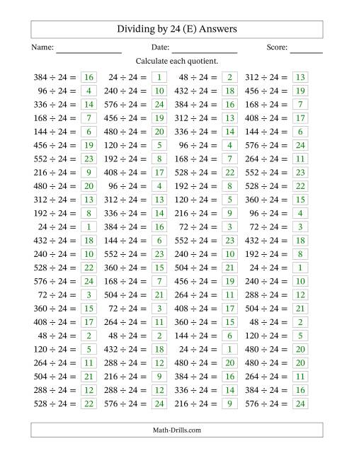 The Horizontally Arranged Dividing by 24 with Quotients 1 to 24 (100 Questions) (E) Math Worksheet Page 2