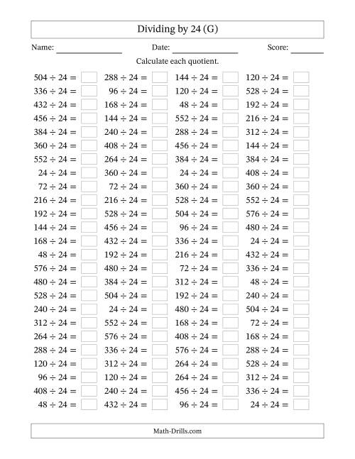 The Horizontally Arranged Dividing by 24 with Quotients 1 to 24 (100 Questions) (G) Math Worksheet