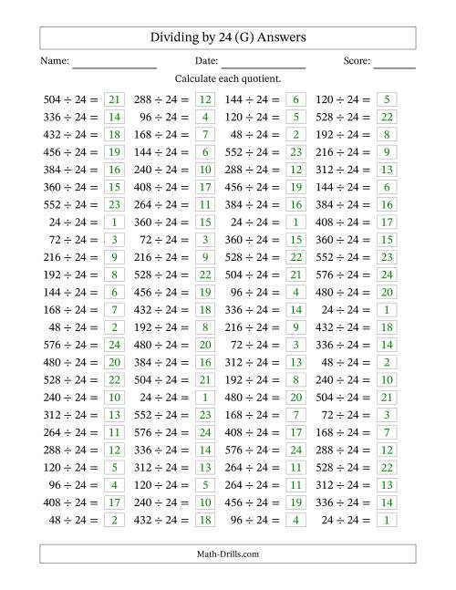 The Horizontally Arranged Dividing by 24 with Quotients 1 to 24 (100 Questions) (G) Math Worksheet Page 2