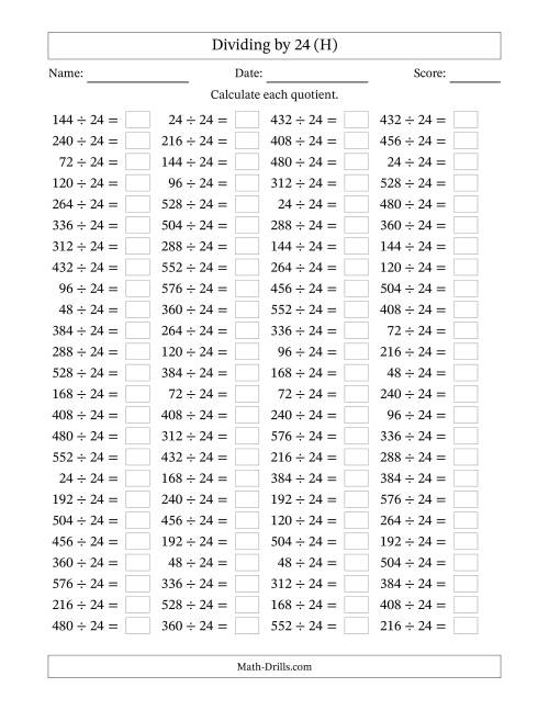 The Horizontally Arranged Dividing by 24 with Quotients 1 to 24 (100 Questions) (H) Math Worksheet