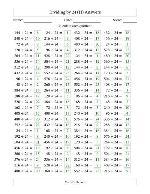The Horizontally Arranged Dividing by 24 with Quotients 1 to 24 (100 Questions) (H) Math Worksheet Page 2