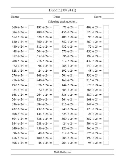 The Horizontally Arranged Dividing by 24 with Quotients 1 to 24 (100 Questions) (I) Math Worksheet