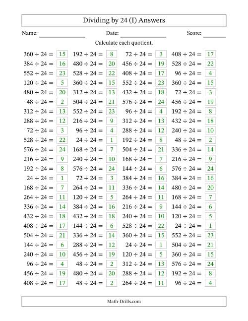 The Horizontally Arranged Dividing by 24 with Quotients 1 to 24 (100 Questions) (I) Math Worksheet Page 2