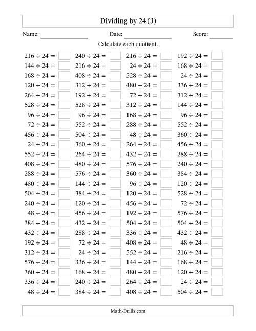 The Horizontally Arranged Dividing by 24 with Quotients 1 to 24 (100 Questions) (J) Math Worksheet