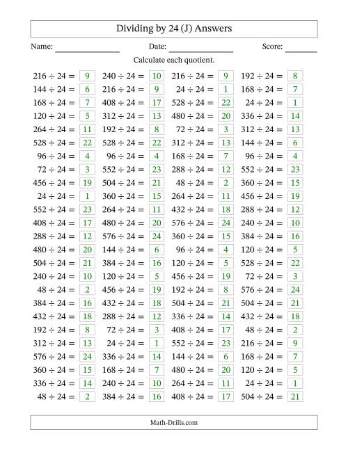 The Horizontally Arranged Dividing by 24 with Quotients 1 to 24 (100 Questions) (J) Math Worksheet Page 2