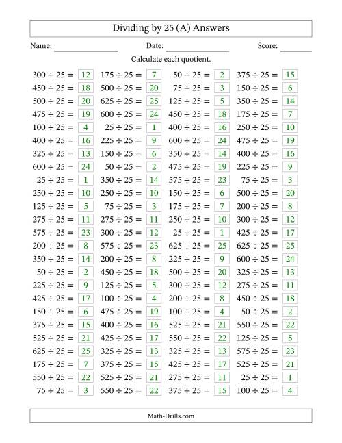 The Horizontally Arranged Dividing by 25 with Quotients 1 to 25 (100 Questions) (A) Math Worksheet Page 2