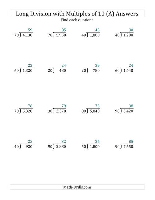 The Long Division by Multiples of 10 with No Remainders (A) Math Worksheet Page 2