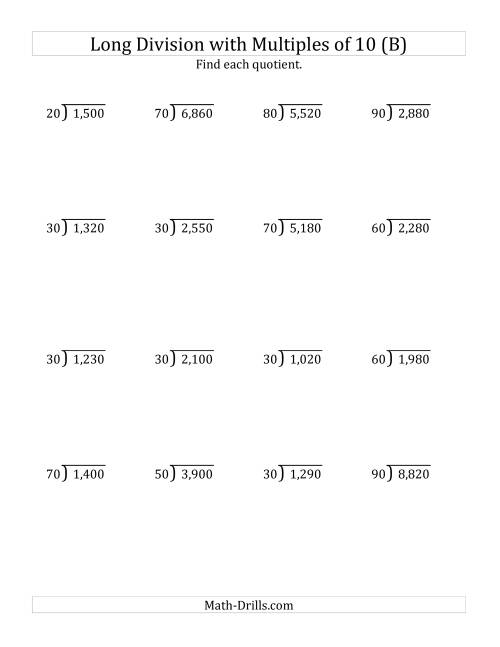 The Long Division by Multiples of 10 with No Remainders (B) Math Worksheet