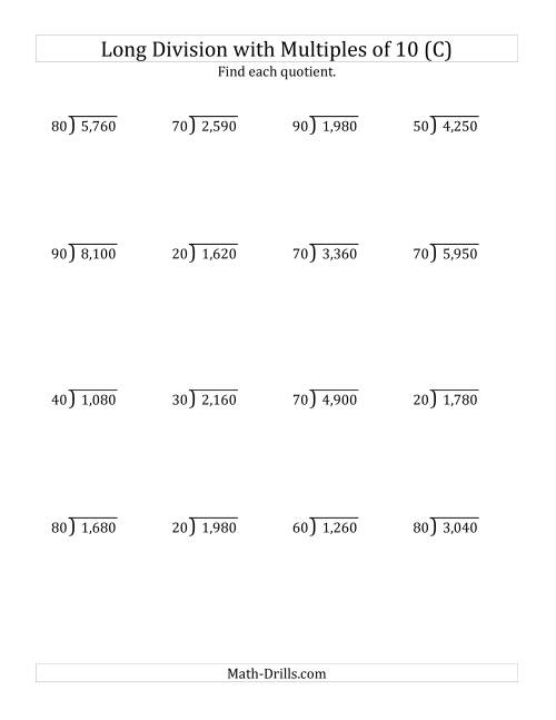 The Long Division by Multiples of 10 with No Remainders (C) Math Worksheet