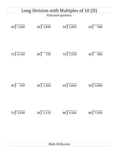 The Long Division by Multiples of 10 with No Remainders (D) Math Worksheet