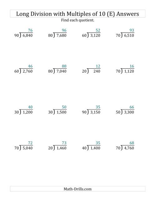 The Long Division by Multiples of 10 with No Remainders (E) Math Worksheet Page 2