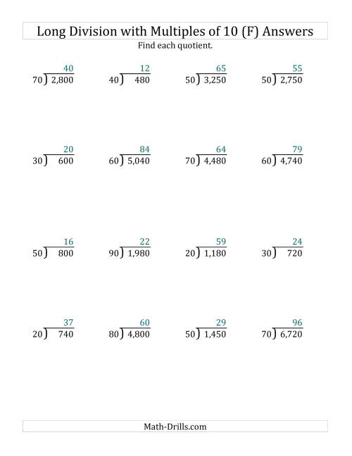 The Long Division by Multiples of 10 with No Remainders (F) Math Worksheet Page 2