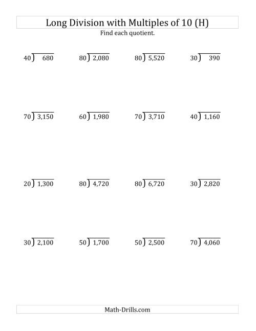 The Long Division by Multiples of 10 with No Remainders (H) Math Worksheet