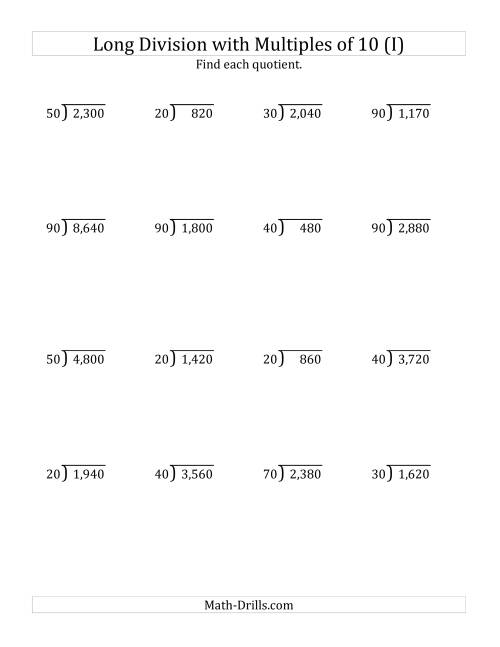 The Long Division by Multiples of 10 with No Remainders (I) Math Worksheet