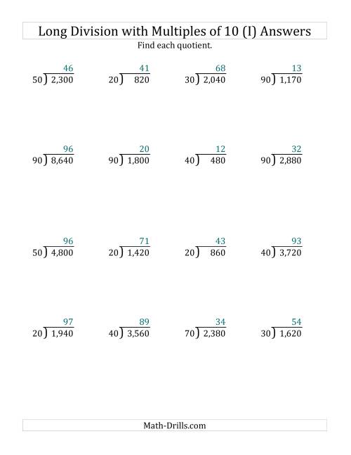 The Long Division by Multiples of 10 with No Remainders (I) Math Worksheet Page 2