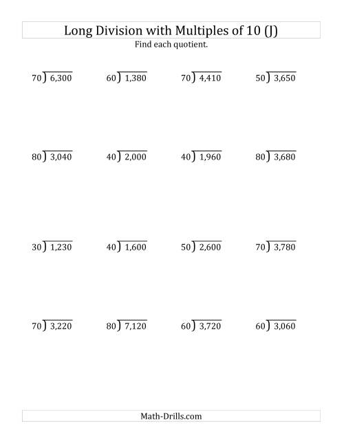 The Long Division by Multiples of 10 with No Remainders (J) Math Worksheet