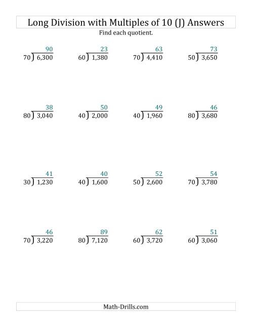 The Long Division by Multiples of 10 with No Remainders (J) Math Worksheet Page 2