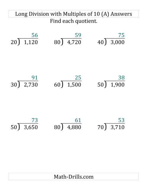 The Long Division by Multiples of 10 with No Remainders (Large Print) Math Worksheet Page 2